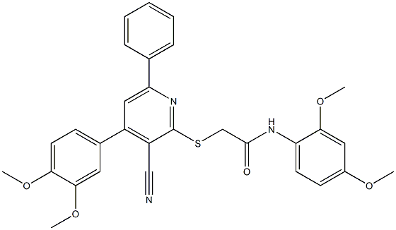 2-{[3-cyano-4-(3,4-dimethoxyphenyl)-6-phenyl-2-pyridinyl]sulfanyl}-N-(2,4-dimethoxyphenyl)acetamide Struktur