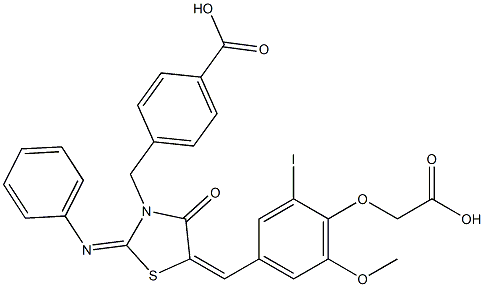 4-{[5-[4-(carboxymethoxy)-3-iodo-5-methoxybenzylidene]-4-oxo-2-(phenylimino)-1,3-thiazolidin-3-yl]methyl}benzoic acid Struktur