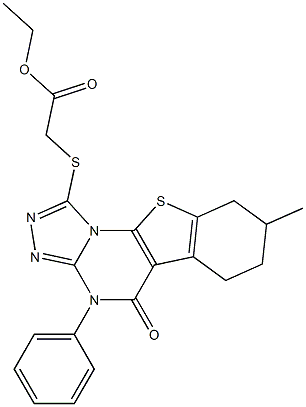 ethyl [(8-methyl-5-oxo-4-phenyl-4,5,6,7,8,9-hexahydro[1]benzothieno[3,2-e][1,2,4]triazolo[4,3-a]pyrimidin-1-yl)sulfanyl]acetate Struktur