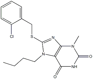 7-butyl-8-[(2-chlorobenzyl)sulfanyl]-3-methyl-3,7-dihydro-1H-purine-2,6-dione Struktur