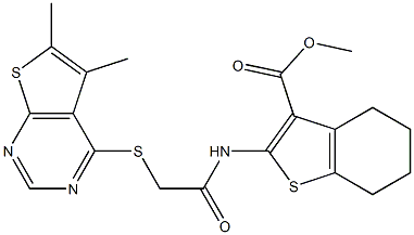 methyl 2-({[(5,6-dimethylthieno[2,3-d]pyrimidin-4-yl)sulfanyl]acetyl}amino)-4,5,6,7-tetrahydro-1-benzothiophene-3-carboxylate Struktur