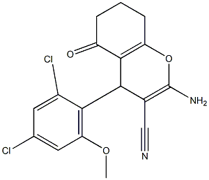 2-amino-4-(2,4-dichloro-6-methoxyphenyl)-5-oxo-5,6,7,8-tetrahydro-4H-chromene-3-carbonitrile Struktur