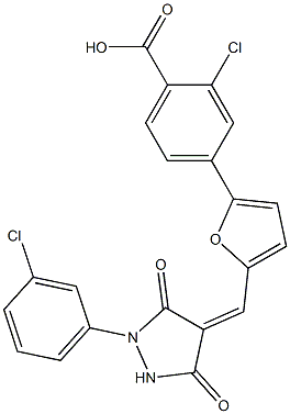 2-chloro-4-(5-{[1-(3-chlorophenyl)-3,5-dioxo-4-pyrazolidinylidene]methyl}-2-furyl)benzoic acid Struktur