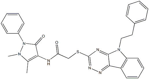 N-(1,5-dimethyl-3-oxo-2-phenyl-2,3-dihydro-1H-pyrazol-4-yl)-2-{[5-(2-phenylethyl)-5H-[1,2,4]triazino[5,6-b]indol-3-yl]sulfanyl}acetamide Struktur