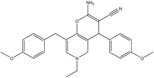 2-amino-6-ethyl-8-(4-methoxybenzyl)-4-(4-methoxyphenyl)-5,6-dihydro-4H-pyrano[3,2-c]pyridine-3-carbonitrile Struktur