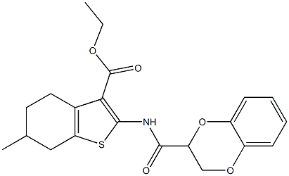 ethyl 2-[(2,3-dihydro-1,4-benzodioxin-2-ylcarbonyl)amino]-6-methyl-4,5,6,7-tetrahydro-1-benzothiophene-3-carboxylate Struktur