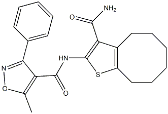 N-[3-(aminocarbonyl)-4,5,6,7,8,9-hexahydrocycloocta[b]thien-2-yl]-5-methyl-3-phenyl-4-isoxazolecarboxamide Struktur