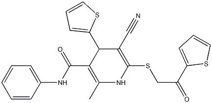 5-cyano-2-methyl-6-{[2-oxo-2-(2-thienyl)ethyl]sulfanyl}-N-phenyl-4-(2-thienyl)-1,4-dihydro-3-pyridinecarboxamide Struktur