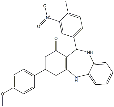 11-{3-nitro-4-methylphenyl}-3-(4-methoxyphenyl)-2,3,4,5,10,11-hexahydro-1H-dibenzo[b,e][1,4]diazepin-1-one Struktur