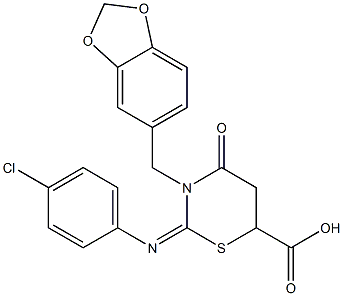 3-(1,3-benzodioxol-5-ylmethyl)-2-[(4-chlorophenyl)imino]-4-oxo-1,3-thiazinane-6-carboxylic acid Struktur