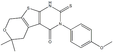 3-(4-methoxyphenyl)-6,6-dimethyl-2-thioxo-1,2,3,5,6,8-hexahydro-4H-pyrano[4',3':4,5]thieno[2,3-d]pyrimidin-4-one Struktur