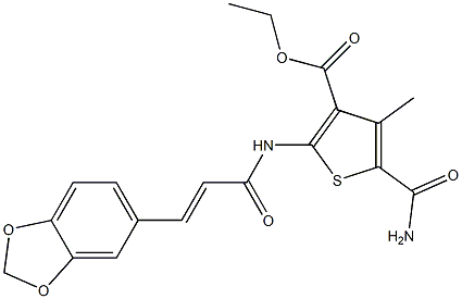 ethyl 5-(aminocarbonyl)-2-{[3-(1,3-benzodioxol-5-yl)acryloyl]amino}-4-methyl-3-thiophenecarboxylate Struktur