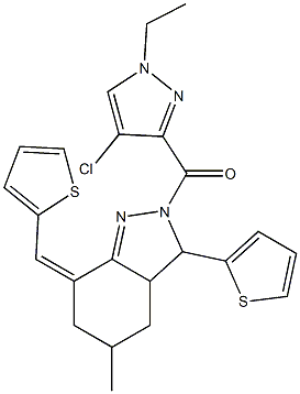 2-[(4-chloro-1-ethyl-1H-pyrazol-3-yl)carbonyl]-5-methyl-3-(2-thienyl)-7-(2-thienylmethylene)-3,3a,4,5,6,7-hexahydro-2H-indazole Struktur