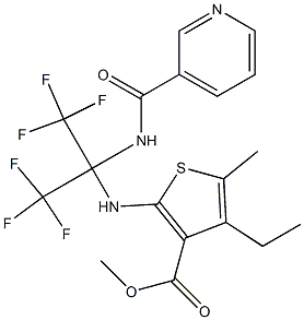 methyl 4-ethyl-5-methyl-2-{[2,2,2-trifluoro-1-[(3-pyridinylcarbonyl)amino]-1-(trifluoromethyl)ethyl]amino}-3-thiophenecarboxylate Struktur