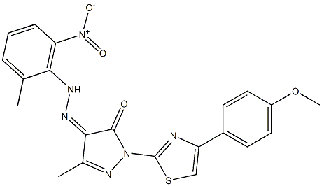 1-[4-(4-methoxyphenyl)-1,3-thiazol-2-yl]-3-methyl-1H-pyrazole-4,5-dione 4-[N-(2-methyl-6-nitrophenyl)hydrazone] Struktur