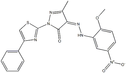 3-methyl-1-(4-phenyl-1,3-thiazol-2-yl)-1H-pyrazole-4,5-dione 4-[N-(2-methoxy-5-nitrophenyl)hydrazone] Struktur