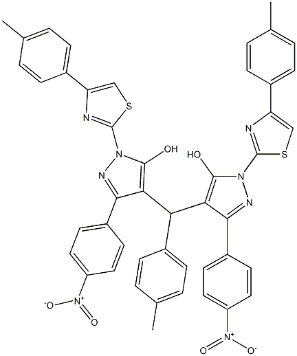 4-[[5-hydroxy-1-[4-(4-methylphenyl)-1,3-thiazol-2-yl]-3-(4-nitrophenyl)-1H-pyrazol-4-yl](4-methylphenyl)methyl]-1-[4-(4-methylphenyl)-1,3-thiazol-2-yl]-3-(4-nitrophenyl)-1H-pyrazol-5-ol Struktur