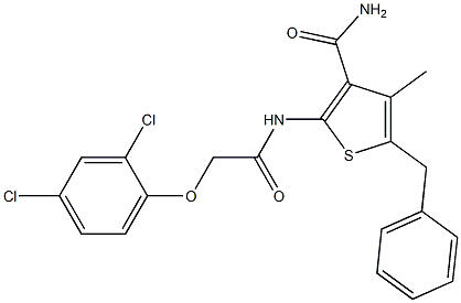 5-benzyl-2-{[2-(2,4-dichlorophenoxy)acetyl]amino}-4-methyl-3-thiophenecarboxamide Struktur