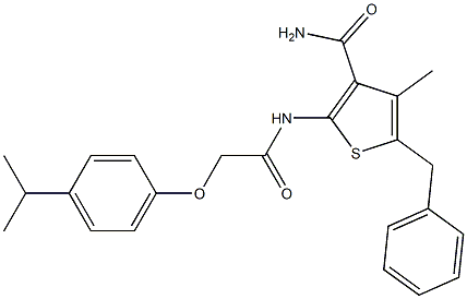 5-benzyl-2-{[2-(4-isopropylphenoxy)acetyl]amino}-4-methyl-3-thiophenecarboxamide Struktur