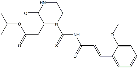 isopropyl 2-[1-({[(E)-3-(2-methoxyphenyl)-2-propenoyl]amino}carbothioyl)-3-oxo-2-piperazinyl]acetate Struktur