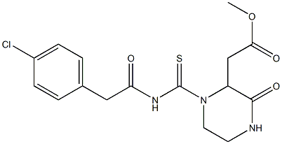 methyl 2-[1-({[2-(4-chlorophenyl)acetyl]amino}carbothioyl)-3-oxo-2-piperazinyl]acetate Struktur