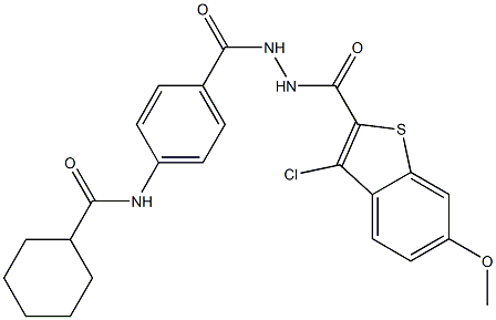 N-[4-({2-[(3-chloro-6-methoxy-1-benzothiophen-2-yl)carbonyl]hydrazino}carbonyl)phenyl]cyclohexanecarboxamide Struktur