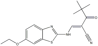 (E)-2-(2,2-dimethylpropanoyl)-3-[(6-ethoxy-1,3-benzothiazol-2-yl)amino]-2-propenenitrile Struktur