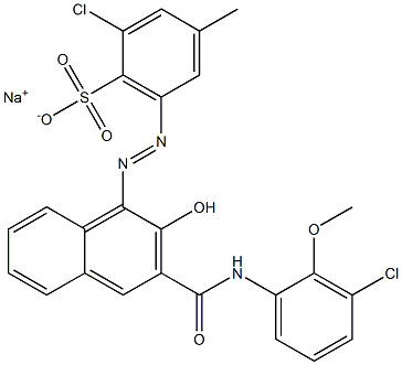 2-Chloro-4-methyl-6-[[3-[[(3-chloro-2-methoxyphenyl)amino]carbonyl]-2-hydroxy-1-naphtyl]azo]benzenesulfonic acid sodium salt Struktur