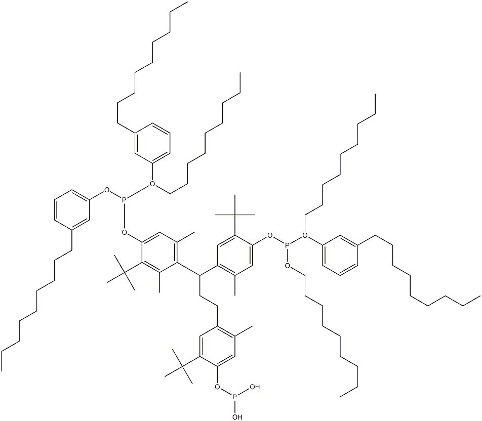 [3-Methyl-1,1,3-propanetriyltris(2-tert-butyl-5-methyl-4,1-phenyleneoxy)]tris(phosphonous acid)O,O',O''-trinonyl O,O',O''-tris(3-nonylphenyl) ester Struktur