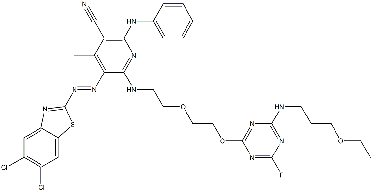 2-[6-Anilino-5-cyano-2-[2-[2-[4-(3-ethoxypropylamino)-6-fluoro-1,3,5-triazin-2-yloxy]ethoxy]ethylamino]-4-methyl-3-pyridylazo]-5,6-dichlorobenzothiazole Struktur