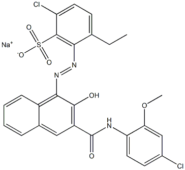 2-Chloro-5-ethyl-6-[[3-[[(4-chloro-2-methoxyphenyl)amino]carbonyl]-2-hydroxy-1-naphtyl]azo]benzenesulfonic acid sodium salt Struktur