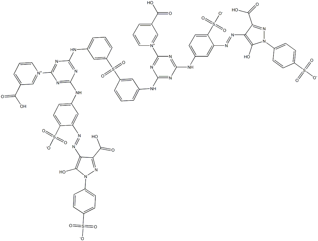 1,1'-[Sulfonylbis[3,1-phenyleneimino[6-[[3-[[3-carboxy-5-hydroxy-1-(4-sulfonatophenyl)-1H-pyrazol-4-yl]azo]-4-sulfonatophenyl]amino]-1,3,5-triazine-4,2-diyl]]]bis[3-carboxypyridinium] Struktur