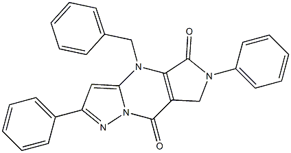 6,7-Dihydro-4-benzyl-2,6-diphenyl-4H-1,4,6,8a-tetraaza-s-indacene-5,8-dione Struktur