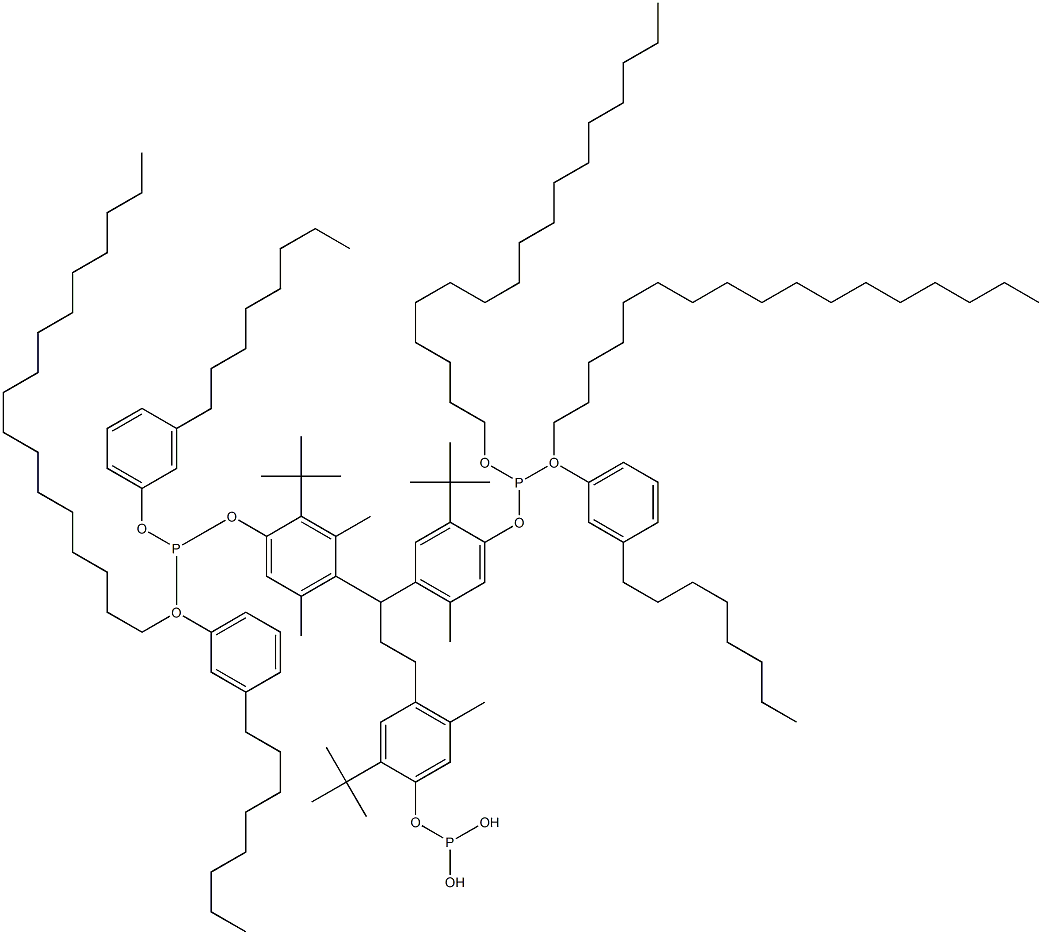 [3-Methyl-1,1,3-propanetriyltris(2-tert-butyl-5-methyl-4,1-phenyleneoxy)]tris(phosphonous acid)O,O',O''-triheptadecyl O,O',O''-tris(3-octylphenyl) ester Struktur