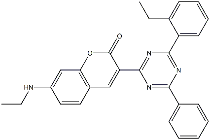 3-[6-Phenyl-4-(2-ethylphenyl)-1,3,5-triazin-2-yl]-7-(ethylamino)coumarin Struktur