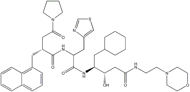 (3S,4S)-3-Hydroxy-5-cyclohexyl-4-[3-(4-thiazolyl)-2-[[(2R)-2-[1-pyrrolidinylcarbonylmethyl]-3-(1-naphthalenyl)propionyl]amino]propionylamino]-N-(2-morpholinoethyl)valeramide Struktur