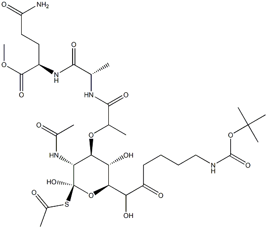 N2-[N-[N-Acetyl-1-(acetylthio)-6-[5-[[(tert-butoxy)carbonyl]amino]pentanoyl]muramoyl]-L-alanyl]-D-glutamine methyl ester Struktur