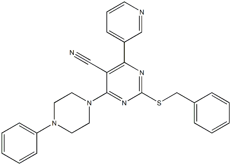 2-Benzylthio-6-(3-pyridinyl)-4-[4-phenyl-1-piperazinyl]pyrimidine-5-carbonitrile Struktur