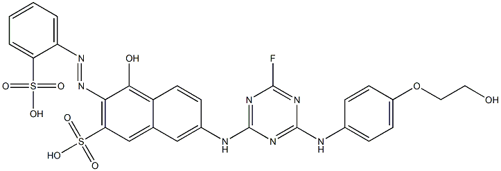 7-[[4-Fluoro-6-[[4-(2-hydroxyethoxy)phenyl]amino]-1,3,5-triazin-2-yl]amino]-4-hydroxy-3-[(2-sulfophenyl)azo]-2-naphthalenesulfonic acid Struktur