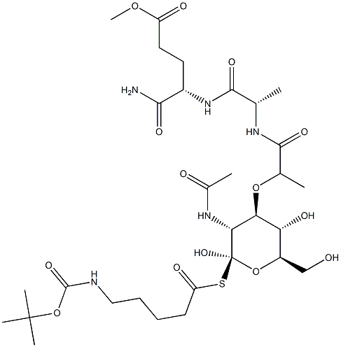 (4S)-4-[[N-[N-Acetyl-1-[[5-[[(tert-butoxy)carbonyl]amino]pentanoyl]thio]muramoyl]-L-alanyl]amino]-5-amino-5-oxopentanoic acid methyl ester Struktur