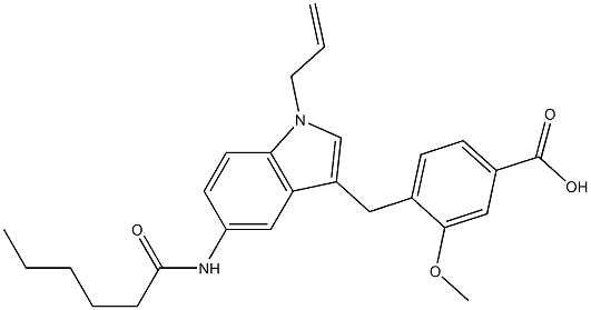 4-[5-Hexanoylamino-1-(2-propenyl)-1H-indol-3-ylmethyl]-3-methoxybenzoic acid Struktur