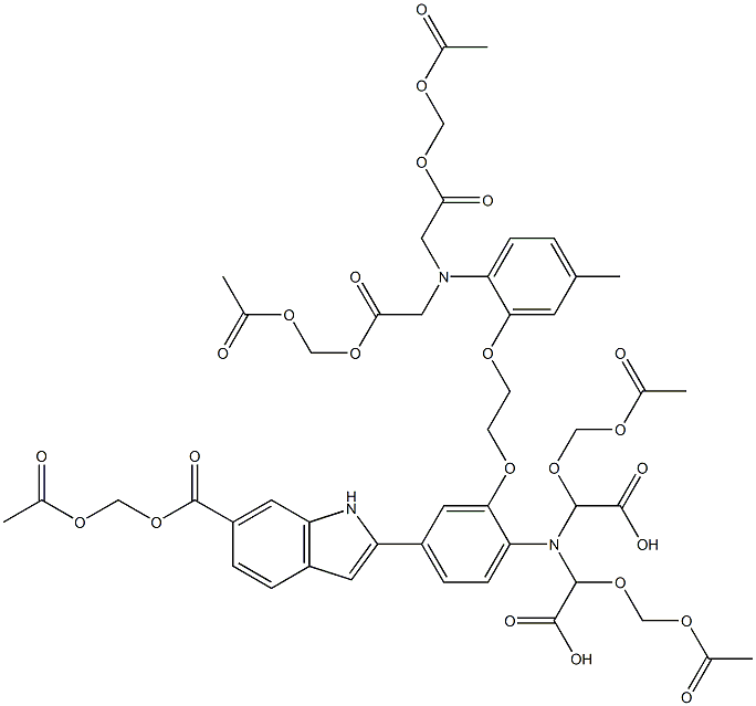 2-[4-[Bis[(acetoxymethoxy)carboxymethyl]amino]-3-[2-[2-[bis[(acetoxymethoxy)carbonylmethyl]amino]-5-methylphenoxy]ethoxy]phenyl]-1H-indole-6-carboxylic acid 6-acetoxymethyl ester Struktur