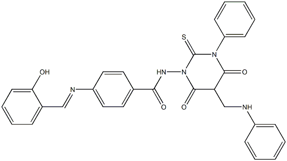 4-(2-Hydroxybenzylideneamino)-N-[[hexahydro-4,6-dioxo-2-thioxo-3-(phenyl)-5-(phenylaminomethyl)pyrimidin]-1-yl]benzamide Struktur