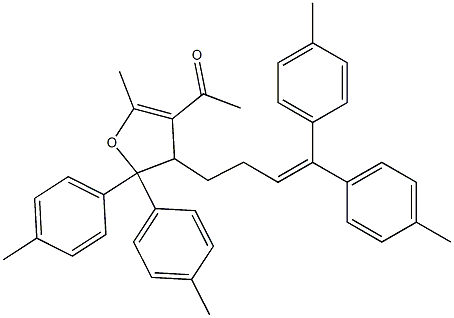 4,5-Dihydro-3-acetyl-2-methyl-4-[4,4-bis(4-methylphenyl)-3-butenyl]-5,5-bis(4-methylphenyl)furan Struktur