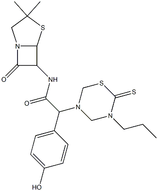 7-Oxo-3,3-dimethyl-6-[[[(tetrahydro-2-thioxo-3-propyl-2H-1,3,5-thiadiazin)-5-yl](4-hydroxyphenyl)acetyl]amino]-4-thia-1-azabicyclo[3.2.0]heptane Struktur