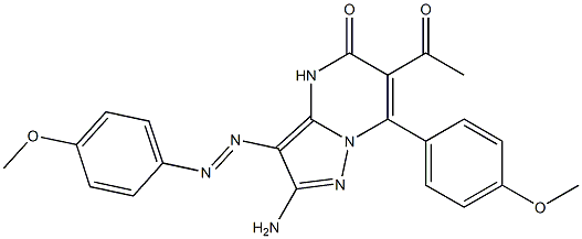 2-Amino-3-(4-methoxyphenylazo)-6-acetyl-7-(4-methoxyphenyl)pyrazolo[1,5-a]pyrimidin-5(4H)-one Struktur