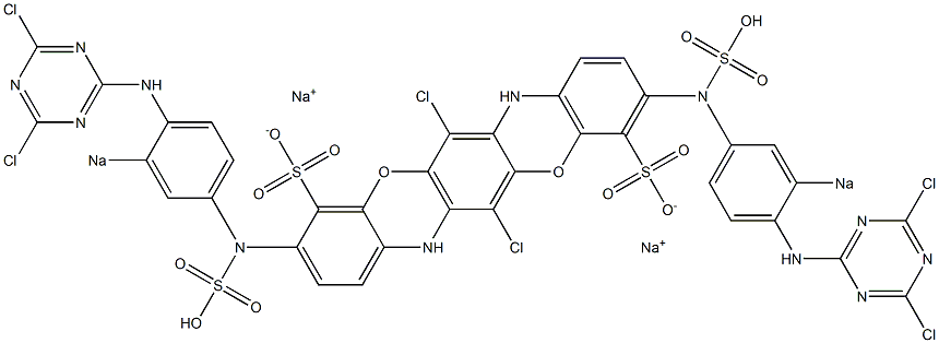 3,10-Bis[4-[(4,6-dichloro-1,3,5-triazin-2-yl)amino]-3-sodiosulfoanilino]-6,13-dichloro-5,12-dioxa-7,14-diazapentacene-4,11-disulfonic acid disodium salt Struktur