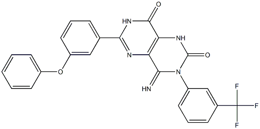 4-Imino-6-(3-phenoxyphenyl)-3-(3-(trifluoromethyl)phenyl)-1,3,7-trihydro-5,7-diazaquinazoline-2,8-dione Struktur