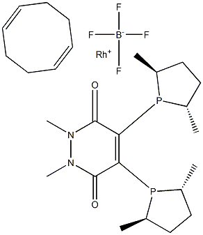 (-)-4,5-Bis[(2R,5R)-2,5-dimethylphospholanyl](1,2-dimethyl-1,2-dihydropyridazine-3,6-dione)(1,5-cyclooctadiene)rhodium(I) tetrafluoroborate Struktur