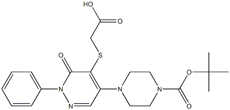 2-(5-(4-(tert-butoxycarbonyl)piperazin-1-yl)-3-oxo-2-phenyl-2,3-dihydropyridazin-4-ylthio)acetic acid Struktur